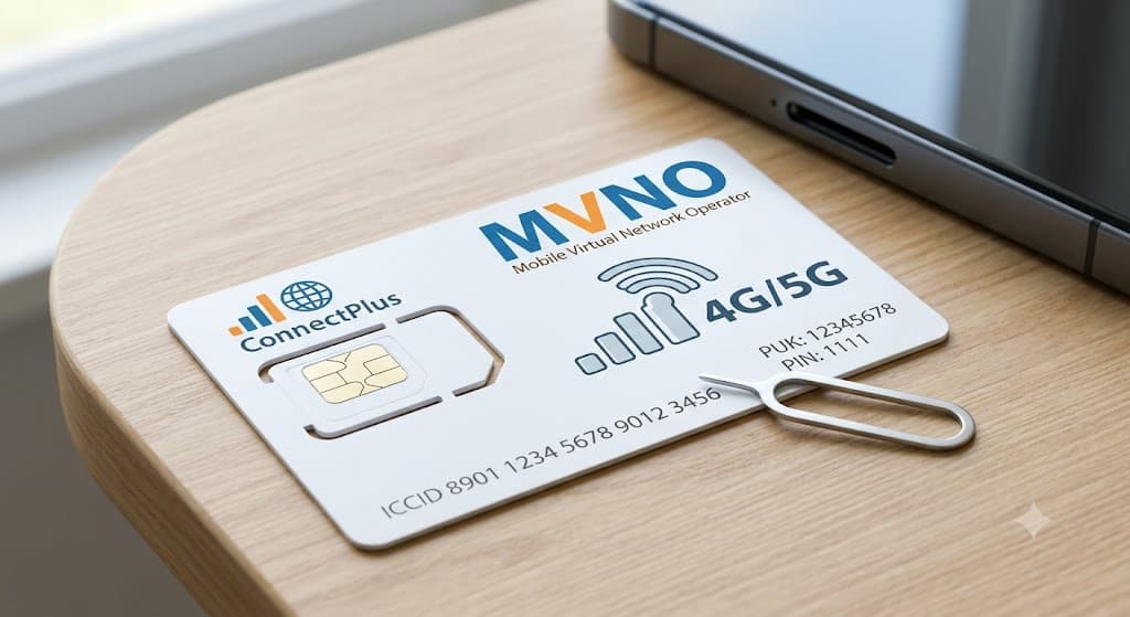 White-label MVNO SIM card kit with eject pin on a desk